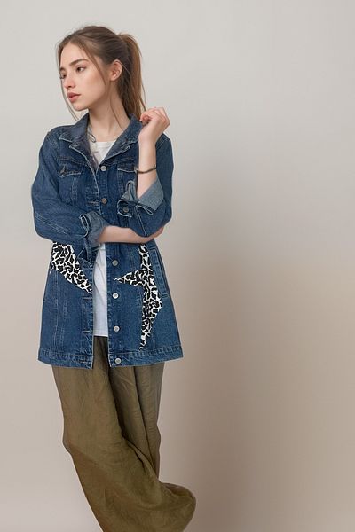 poupee Jachetă de blugi pentru femei, haină de blugi patchwork cu motiv stea, haină de blugi