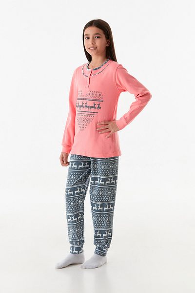 Fulla Moda Deer Printed Crew Neck Girl's Pajama Set
