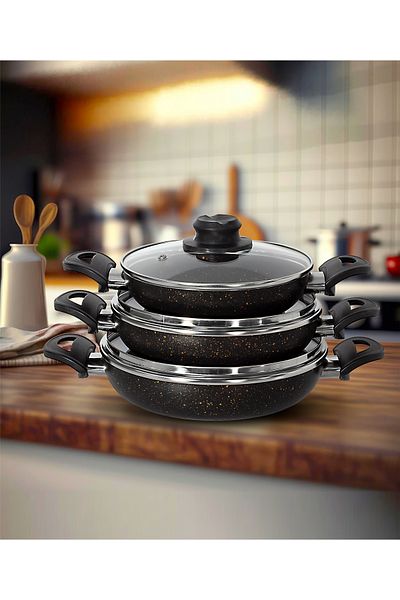 Dora Granitta 18 20 22 Cm 6 Piece Black Gold Lid Omelette/Sahan Pan Set