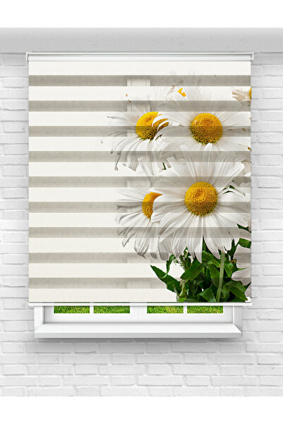 Mas Çiçeklerle Bezenmiş Nazik Papatya Baskılı Zebra Perde