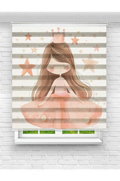 Mas Prenses ve Yıldızlar Desenli Baskılı Zebra Perde – Kız Çocuk Odası