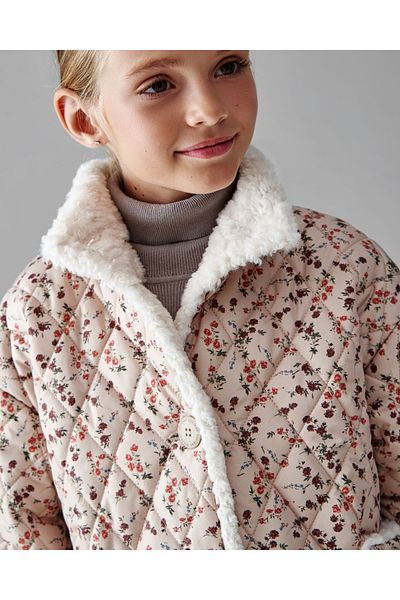KAPROLLI 100% Cotton Girl's Fleece Fur Lined Quilted Detailed Inflatable Winter Coat Floral Print