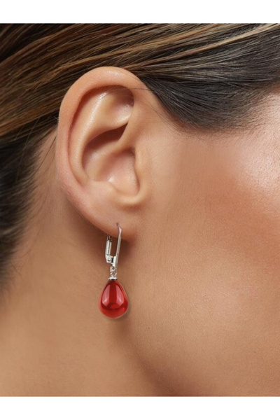 bymissmücevherat 925 Ayar Gümüş Kancalı Damla Kırmızı Mercan Taşlı Küpe