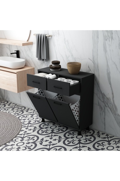 Home Mobiga Molde Çamaşır Sepetli Çekmeceli Banyo Dolabı Antrasit