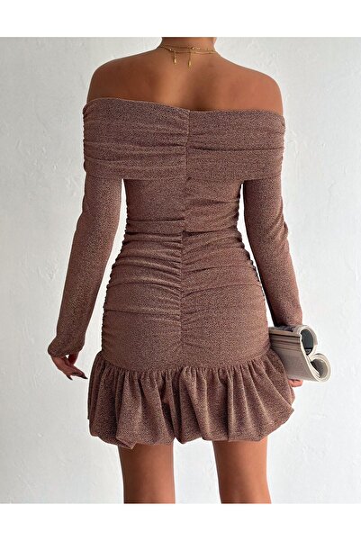 aytenli Madonna Collar Skirt Bottom Side Balloon Sides Back Drawstring Detail Long Sleeve Silvery Fabric Stretchy Mini Dress