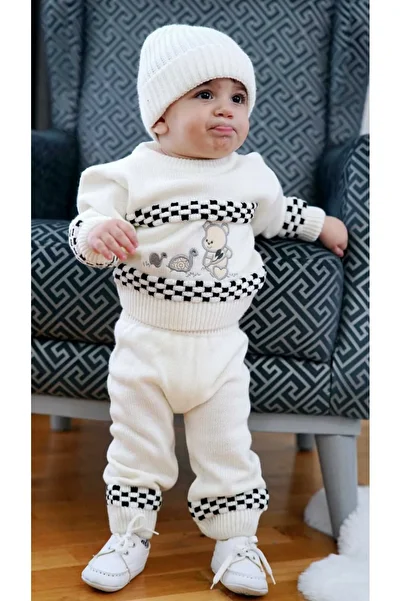 Meriç bebe Baby Boy Checkerboard Patterned 3-Piece Knitwear Set with Hat, Pullover and Trousers