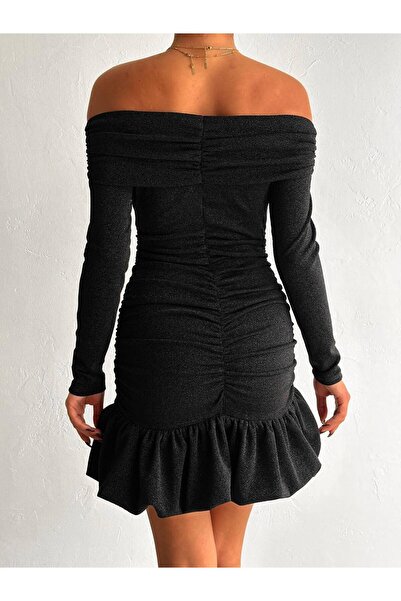 aytenli Madonna Collar Skirt Bottom Side Balloon Sides Back Drawstring Detail Long Sleeve Silvery Fabric Stretchy Mini Dress