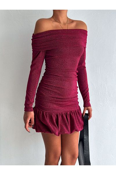 aytenli Fusta cu guler Madonna Partea inferioară Balon Laturile din spate Detaliu cu mâneci lungi din țesătură lurex Rochie mini elastică