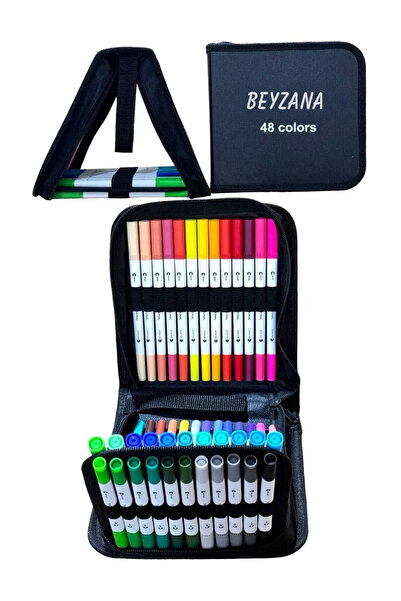 BEYZANA 48 Li Cüzdanlı Çift Uçlu Fırça Ve 0.4 Mm Fine Uçlu Marker Kalem Seti ...