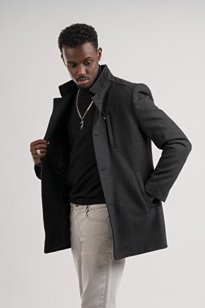 AKÇAYLAR Сlimfit кашемірний пальто з коміром-стійкою - на ґудзиках, з боковими кишенями та підкладкою