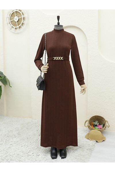 Modamorfo Μακρύ Φόρεμα Lycra Stand Collar - Ζώνη, Καφέ