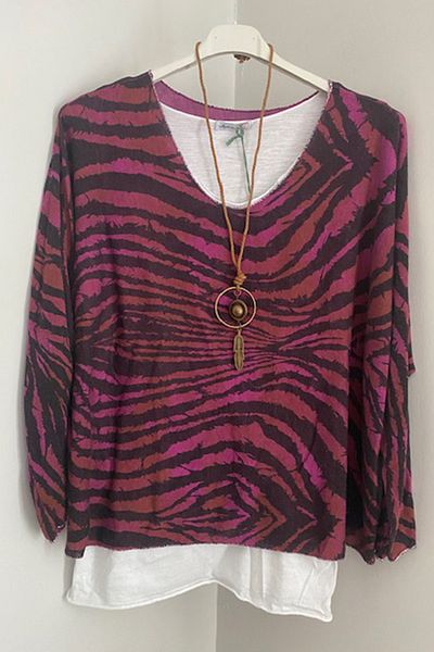 AYASOFYA OTANTIK Women S Knitwear Blouse with Fuchsia Zebra Print - Necklace, Cotton Combed Cotton, Sleeveless Inner, Long Sleeve 2-Piece Set
