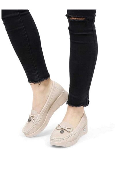 MİYA Women's Anatomical Wedge Sole Stone Bow Buckle Detailed Daily Ballerina Shoes