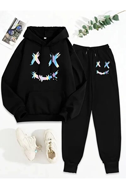 Elfa Tekstil Unisex κοστούμι με κουκούλα με στάμπα, μακρυμάνικο κοστούμι με κουκούλα και τσέπες, casual κοστούμι δύο τεμαχίων