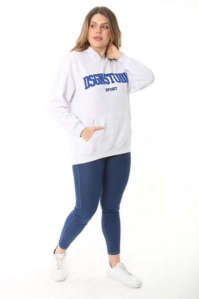 Şans Women's Large Size Gray Hooded Sweatshirt with 3 Thread Embroidery Detail and Raised Inside 65N37126