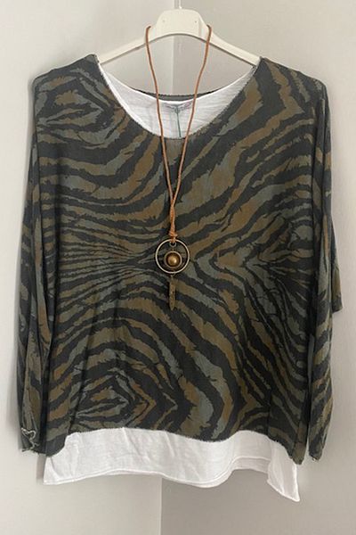 AYASOFYA OTANTIK Khaki Zebra Print Cotton Knitwear Blouse with Necklace - Long Sleeve, Sleeveless Lingerie, 2-Piece Set