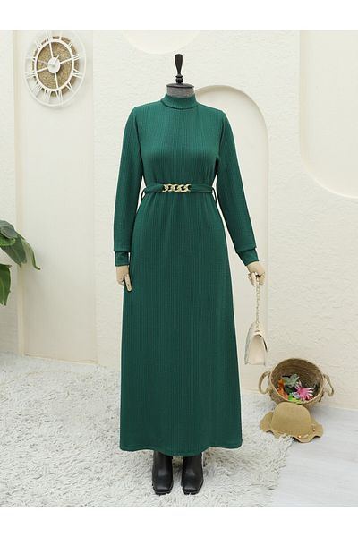 Modamorfo Φόρεμα με μακρύ γιακά και ζώνη Lycra - Emerald