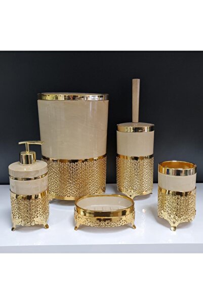 GuvenliPazar 5 Parça Yuvarlak Akrilik Ferforje Kafes Banyo Seti Krem Mermer Gold