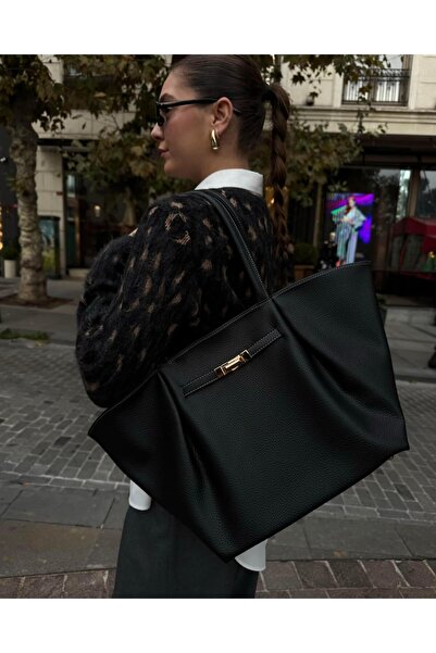 Tina İstanbul Черна текстурирана голяма чанта за всеки ден