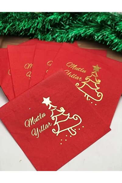 ALYA Parti 16 Adet Kırmızı Peçete Üzerine Sarı Varaklı Mutlu Yıllar Yazılı Yeni Yıl Peçete