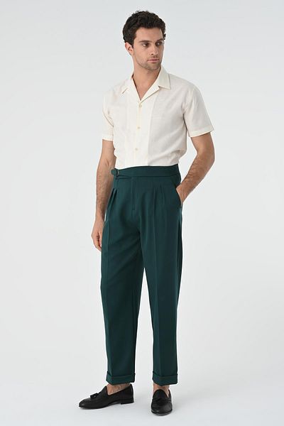 Antioch Emerald Buckle Detailed Pleated High Waist Men's Trousers