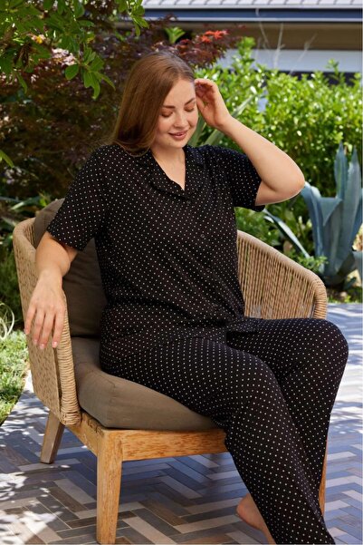 pijamacity Büyük Beden Kadın Kısa Kollu Pamuklu Önden Düğmeli Pijama Takımı