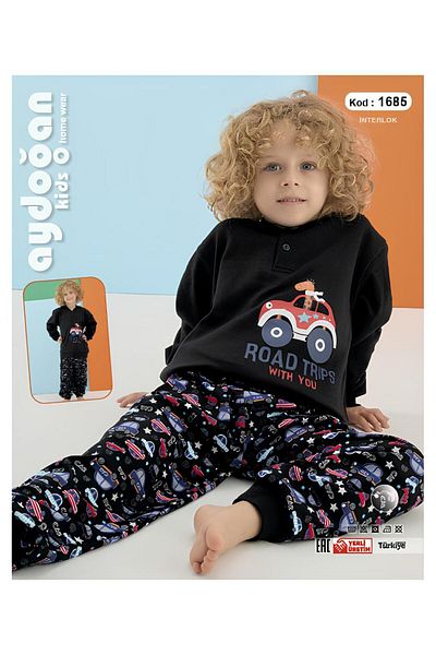 Aydoğan Boy's Long Sleeve Half Button 100% Cotton Black Color 2-7 Years Pajamas Set 1685