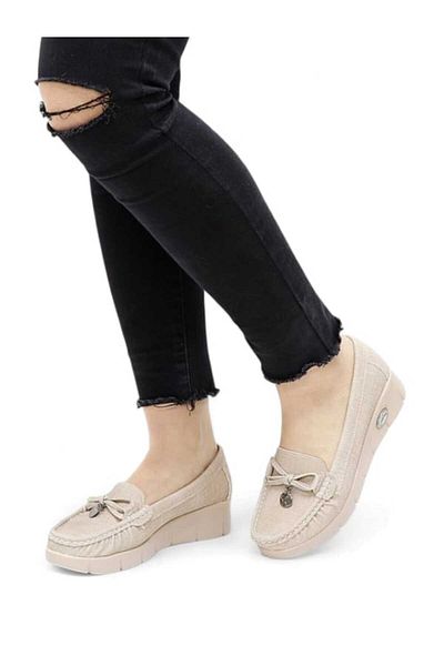 MİYA Women's Anatomical Wedge Sole Stone Bow Buckle Detailed Daily Ballerina Shoes