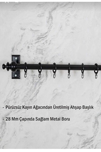 OPENSOFTT ULUSOY PERDE Siyah Tek Raylı Ahşap Rustik Perde Askısı - 200 Cm