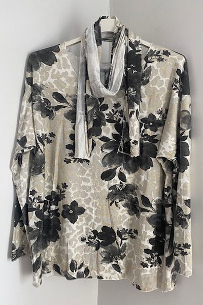 AYASOFYA OTANTIK Women's Italian White Scarf Floral Print Oversize Long Sleeve Blouse