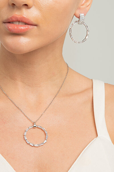 Lina Tia Kadın Yuvarlak Model Zirkon Taşlı Çelik Gümüş Kaplama Su Yolu Kolye Küpe Elbise Kombin Takı Seti