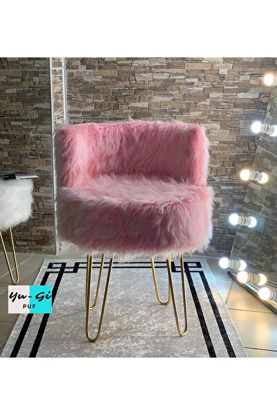 Morfoni Peluş Makyaj Sandalyesi - Pembe Renk Peluş 4 Gold Ayaklı - 4 Ayaklı Makyaj Sandalyesi