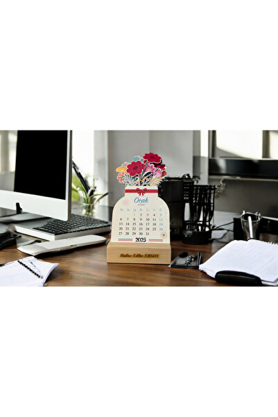 Es3Dream 2026 ahşap ayaklı çiçekli özel tasarım isme özel takvim