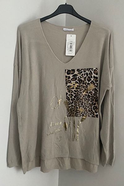 AYASOFYA OTANTIK Μπεζ λαιμόκοψη Leopard και Floral printed casual πλεκτή μπλούζα - μακρύ μανίκι