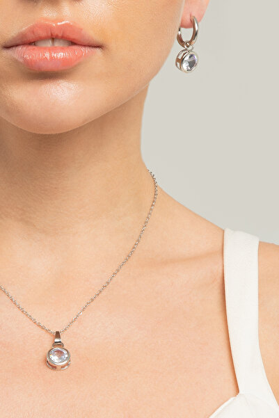 Lina Tia Kadın Minimalist Yuvarlak Baget Taşlı Tasarım Model Çelik Gümüş Kapl...