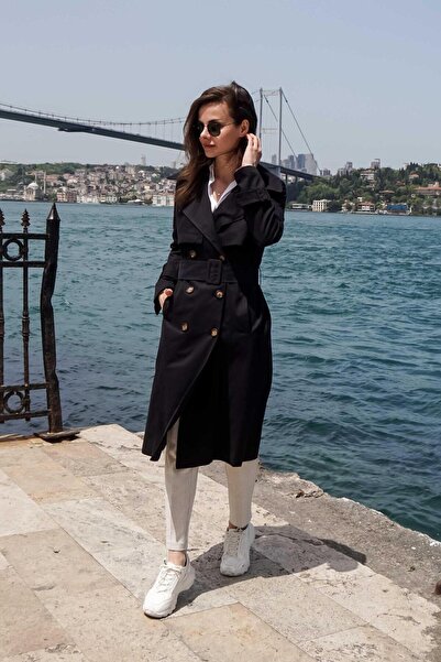 PASTELASTORE Soft Siyah %100 Pamuk Gabardin Uzun (110CM) Astarlı Kemerli Kadın Trençkot 1111