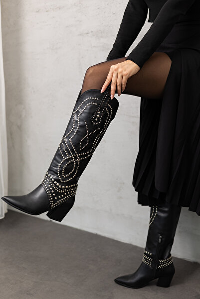 MYPOPPİSHOES Siyah 7 cm Topuk Kadın Dallas Çizme Beyzi