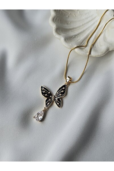 ULYOS PONIS Siyah Kelebek Zirkon Taşlı Yılan Zincirli Vip Kadın Stainless Ste...