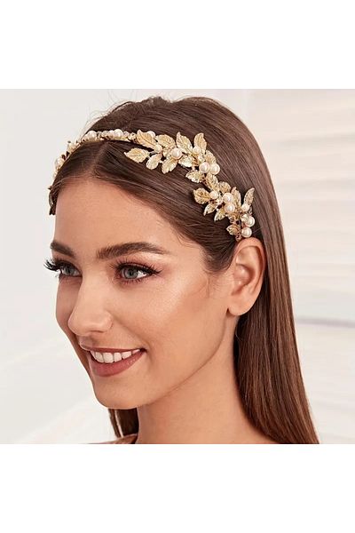 Eva Flore Stylish Handmade with Gold Leaves - Bridal and Maternity Crown with Pearls, Headband
