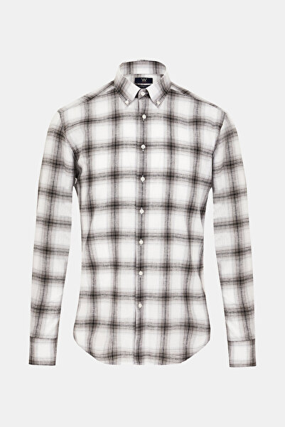 W Collection BEYAZ ANTRASİT KETEN EKOSE GÖMLEK