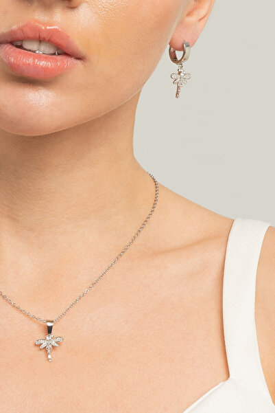 Lina Tia Kadın Kelebek Figür Tasarım Model Zirkon Taşlı Çelik Gümüş Kaplama Su Yolu Kolye Küpe Takı Seti