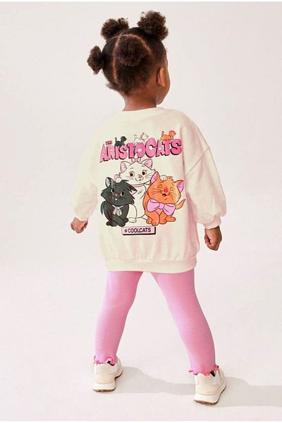 Lolliboomkids New Season Cat Printed Back Detailed Ecru Color Sweatshirt - Ribbed Leggings Bottom Top Set
