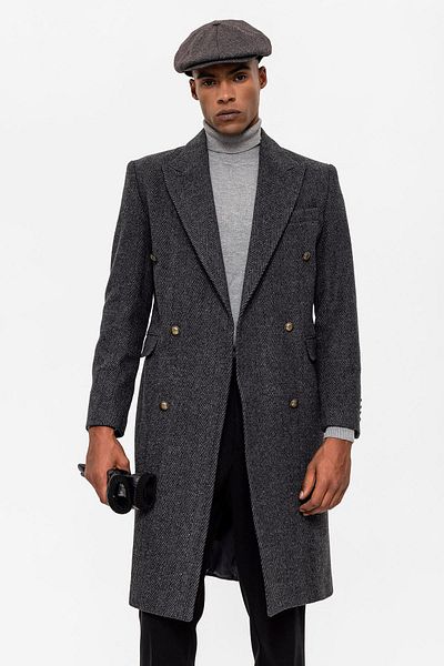 Antioch Anthracite Herringbone Patterned Double Breasted Men's Coat