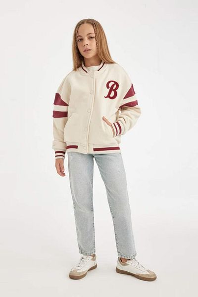 DeFacto Girl's Soft Feather Bomber Cardigan - College Collar, Pocket and Printed D2624A824Au