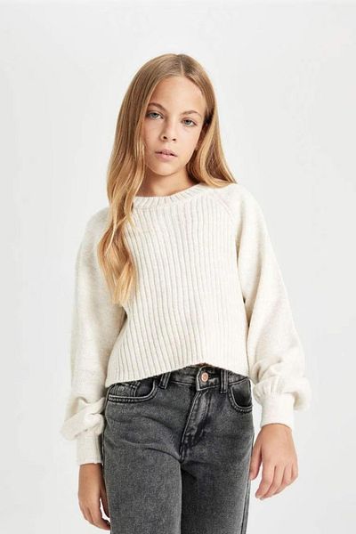 DeFacto Pulover pentru fete, ecru, cu croiala standard, cu decolteu triplu, tricotat cu model 3162332
