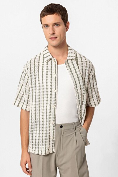 Antioch Khaki Striped Knitted Short Sleeve Men's Shirt