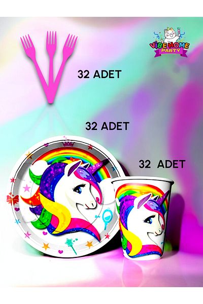 VibeHome Unicorn Themed Super Eco Set for 32 - Birthday Party and Fun Events