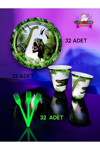VibeHome Jurassic Themed Super Eco Set for 32 People - Birthday Party and Fun Events
