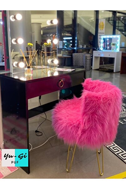 YuGiPufHome Peluş Puf Berjer Fuşya Renk Peluş Kumaş Gold 4 Ayaklı