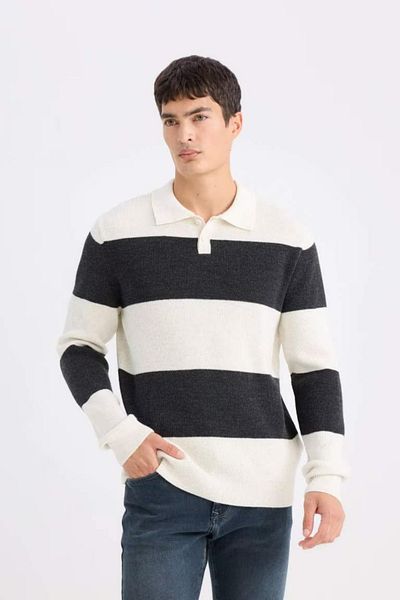 DeFacto Standard Fit Polo Neck Striped Knitwear Sweater D3590Ax24Wn